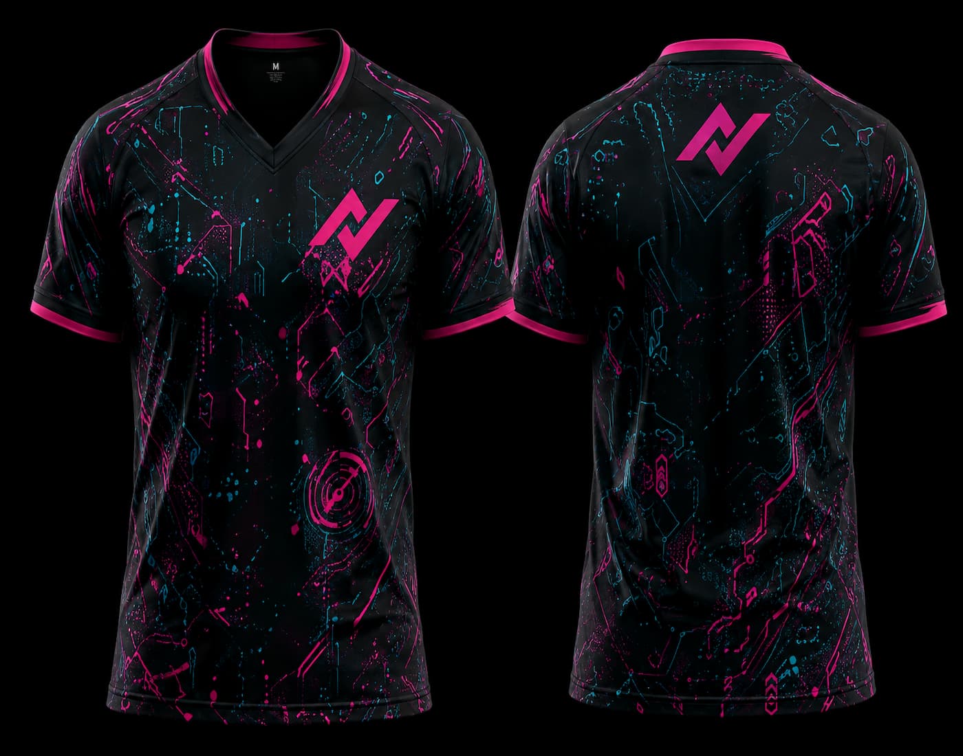 Front and back view of a black esports gaming jersey featuring neon pink and cyan cyber-tech graphics with customizable logo placement.