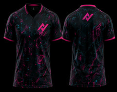 Front and back view of a black esports gaming jersey featuring neon pink and cyan cyber-tech graphics with customizable logo placement.