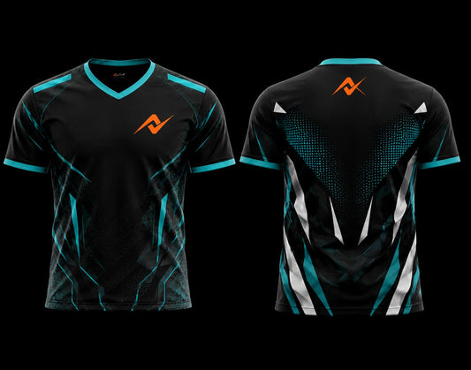 Front and back view of a black and teal V-neck esports jersey featuring futuristic geometric graphics with an orange logo on the chest and upper back.