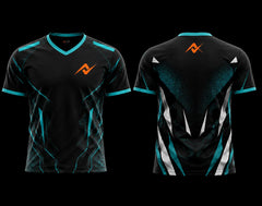 Front and back view of a black and teal V-neck esports jersey featuring futuristic geometric graphics with an orange logo on the chest and upper back.