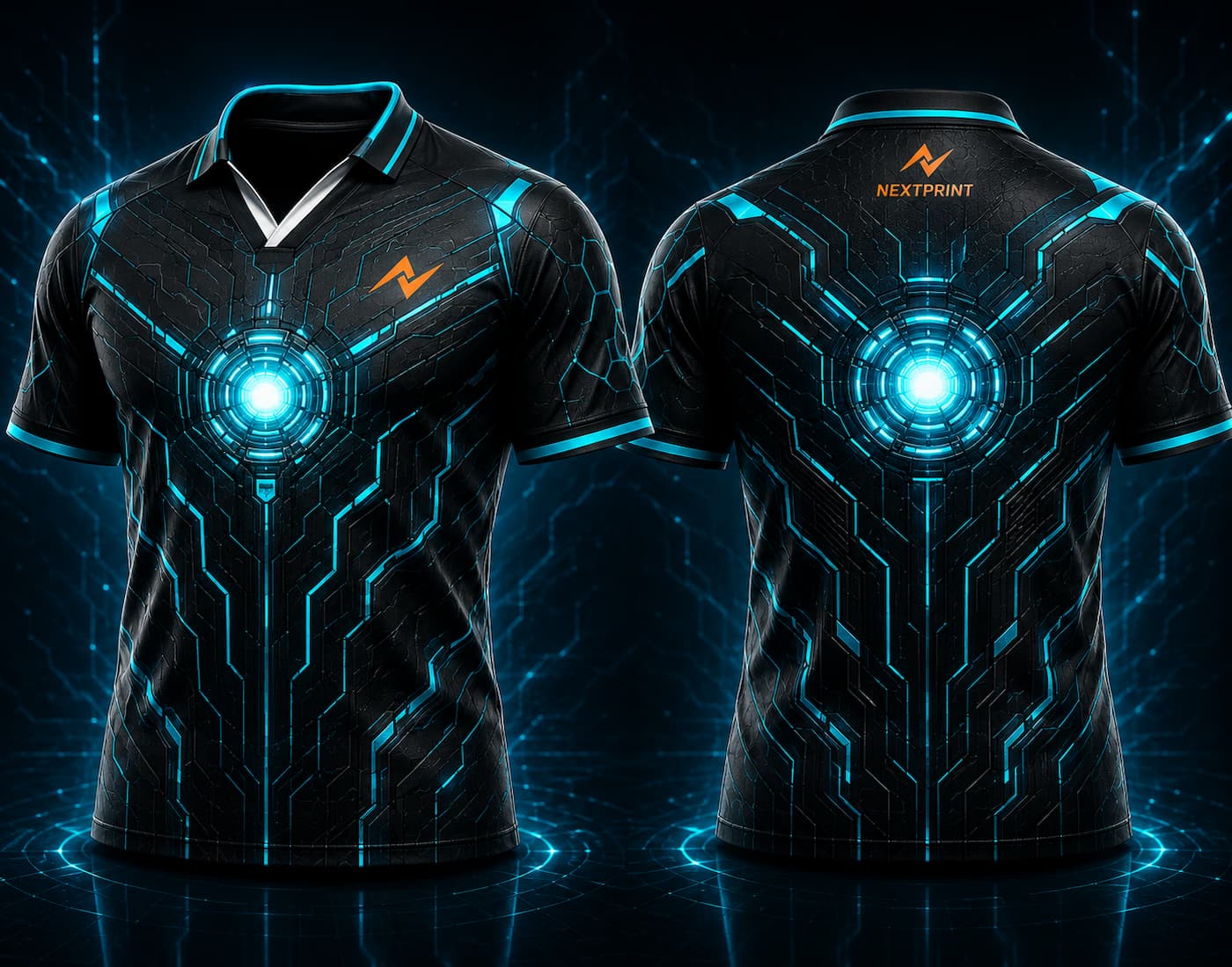 Front and back view of Cyber Pulse black and electric cyan V-neck esports polo jersey featuring a glowing energy core design with side chest logo and back neck logo placement.