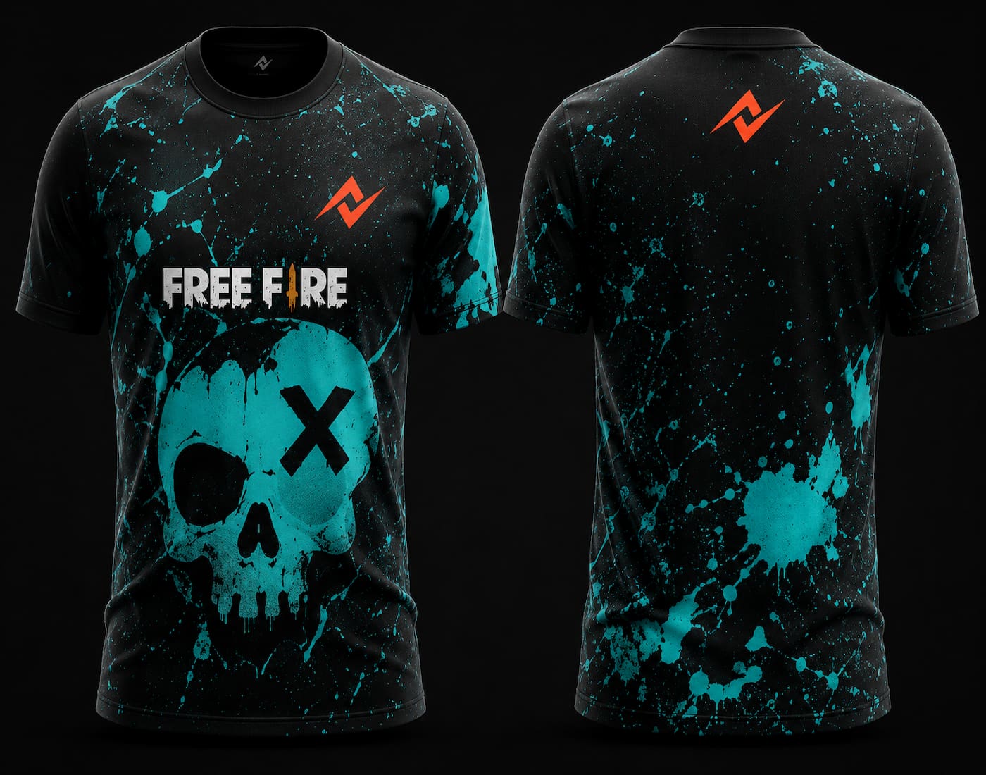 Front and back view of Cyber Skull Free Fire esports jersey featuring a cyan skull graphic with paint splatter effects on a black gaming jersey.