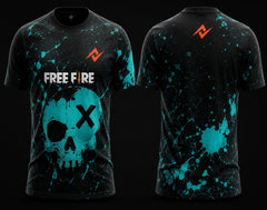 Front and back view of Cyber Skull Free Fire esports jersey featuring a cyan skull graphic with paint splatter effects on a black gaming jersey.