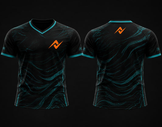 Front and back view of Cyber Wave black and teal V-neck esports jersey featuring futuristic wave graphics with custom logo on the chest and below the back collar.
