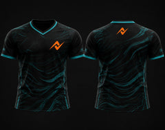 Front and back view of Cyber Wave black and teal V-neck esports jersey featuring futuristic wave graphics with custom logo on the chest and below the back collar.