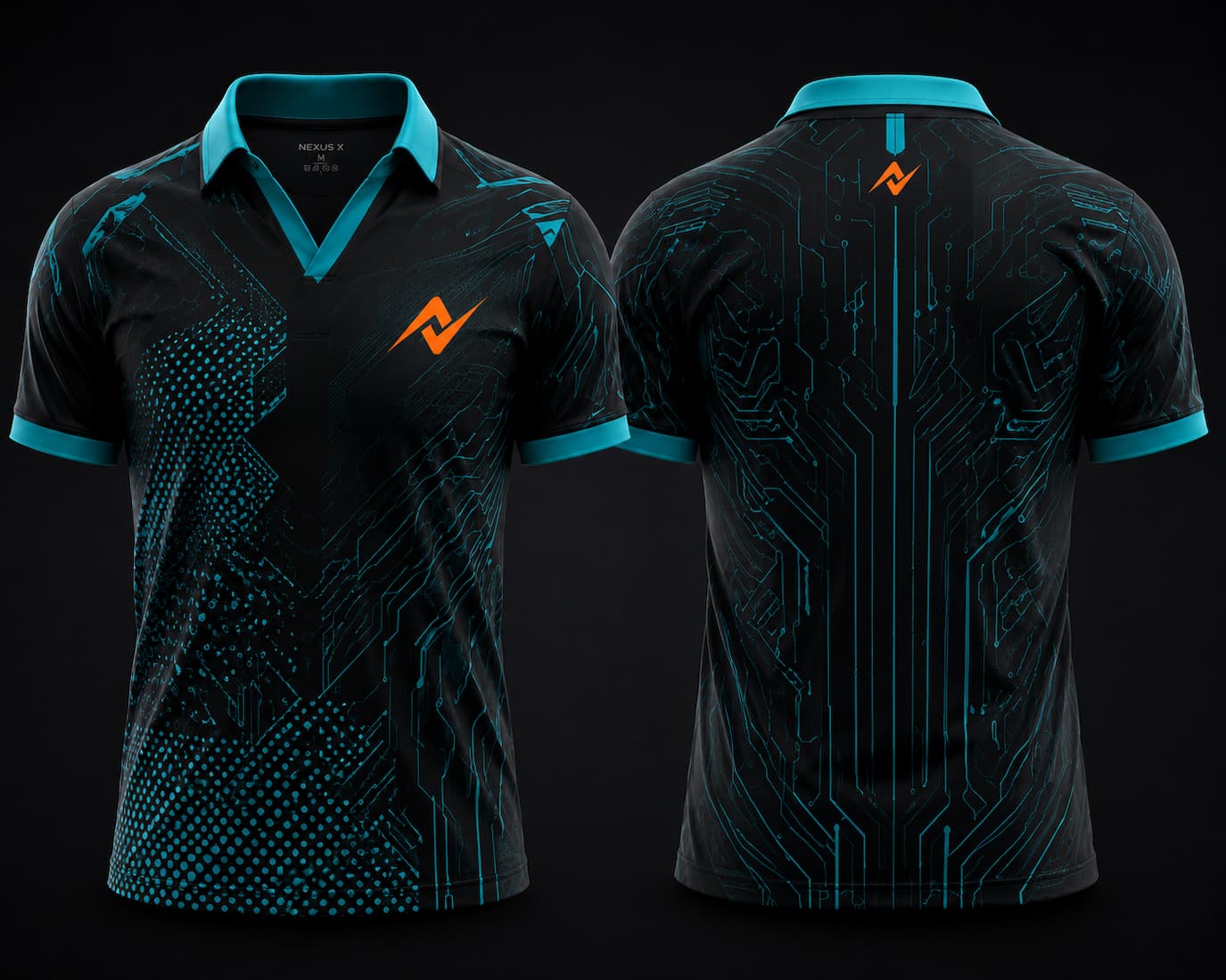 Front and back view of Cyber Wave black and cyan V-neck esports polo jersey featuring circuit graphics with chest logo and back neck logo placement.