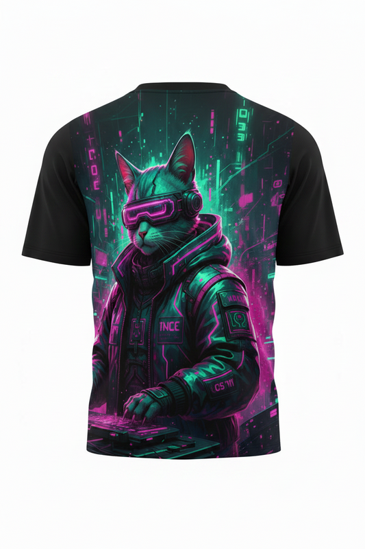 Cyberpunk Hacker Cat Neon Streetwear T-Shirt