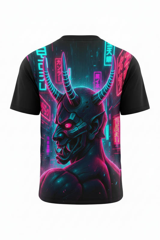 Back view of cyberpunk neon Oni demon Japanese streetwear t-shirt featuring a side profile horned Oni mask with pink and blue neon lights in a futuristic Tokyo cityscape.