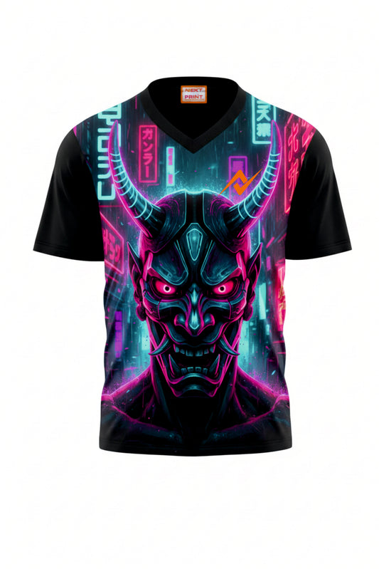 Cyberpunk neon Oni demon Japanese streetwear t-shirt featuring a glowing pink and blue horned Oni mask in a futuristic Tokyo alley with neon signs.