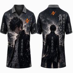 Front and back view of a dark anime-inspired black polo jersey with Japanese typography, cinematic manga artwork, oversized streetwear styling, and premium sublimation print