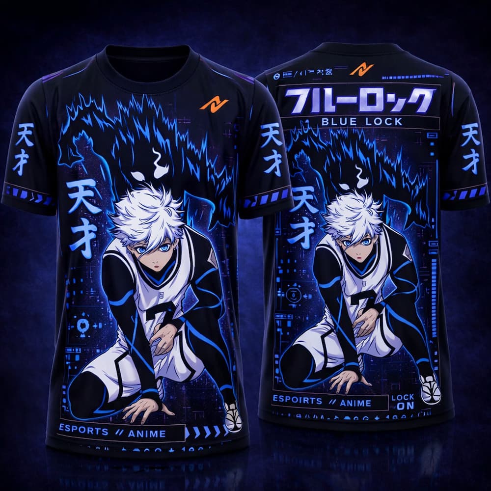 Dark anime streetwear jersey with white‑haired anime character, black base, neon purple and sky‑blue accents, Japanese text “天才,” and orange logo branding