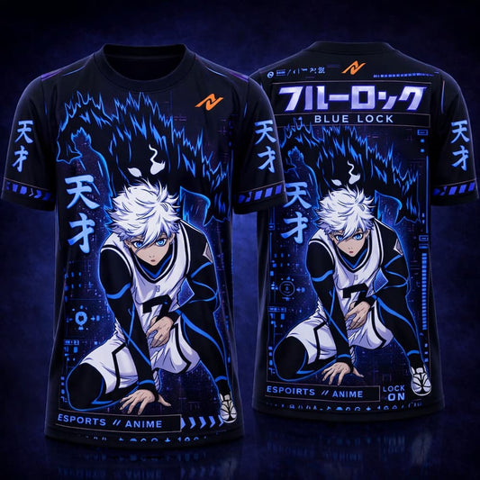 Dark anime streetwear jersey with white‑haired anime character, black base, neon purple and sky‑blue accents, Japanese text “天才,” and orange logo branding
