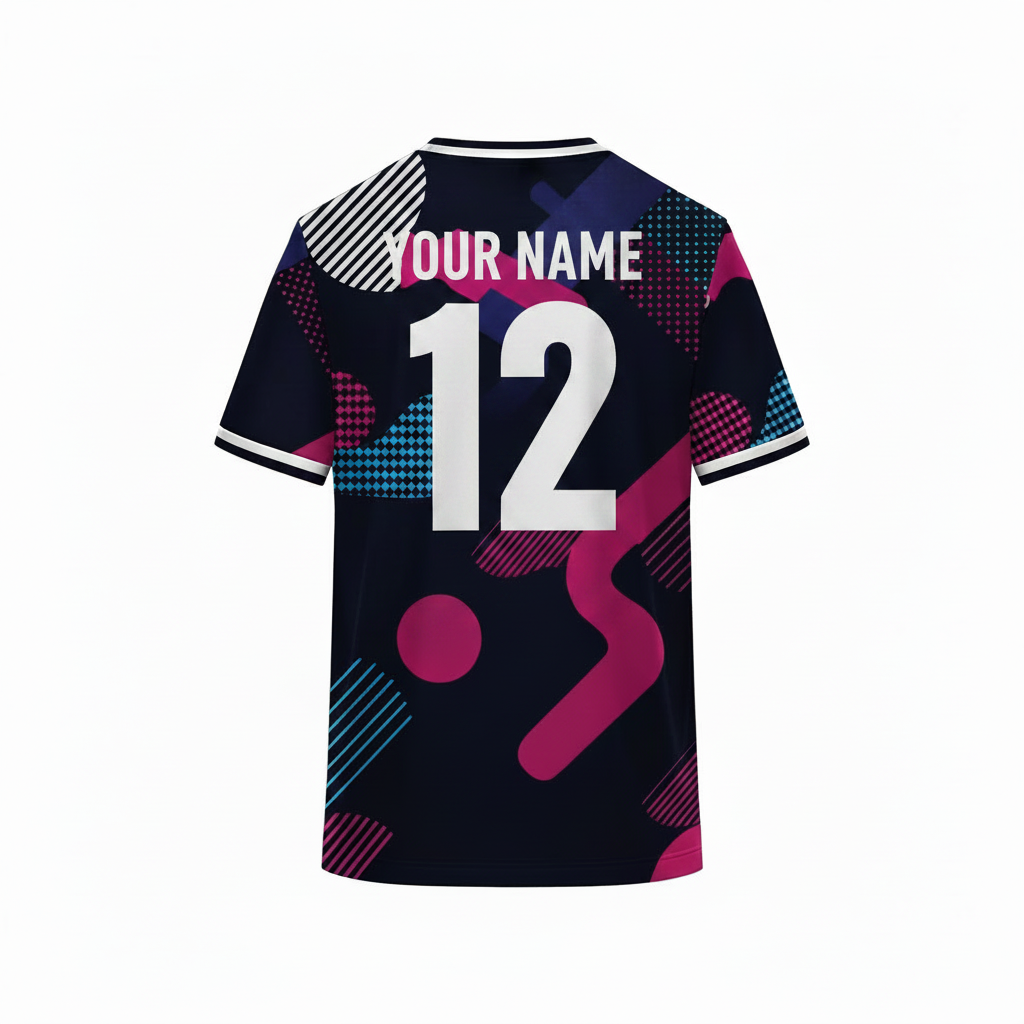 Dark blue and pink abstract sports t-shirt back design with modern geometric and dotted pattern for custom sublimation team jersey printing by NextPrint India