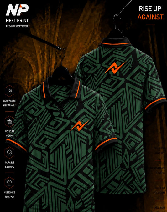 Dark green and black geometric maze sublimation polo sports jersey by Next Print shown in front and back view