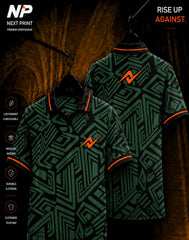 Dark green and black geometric maze sublimation polo sports jersey by Next Print shown in front and back view