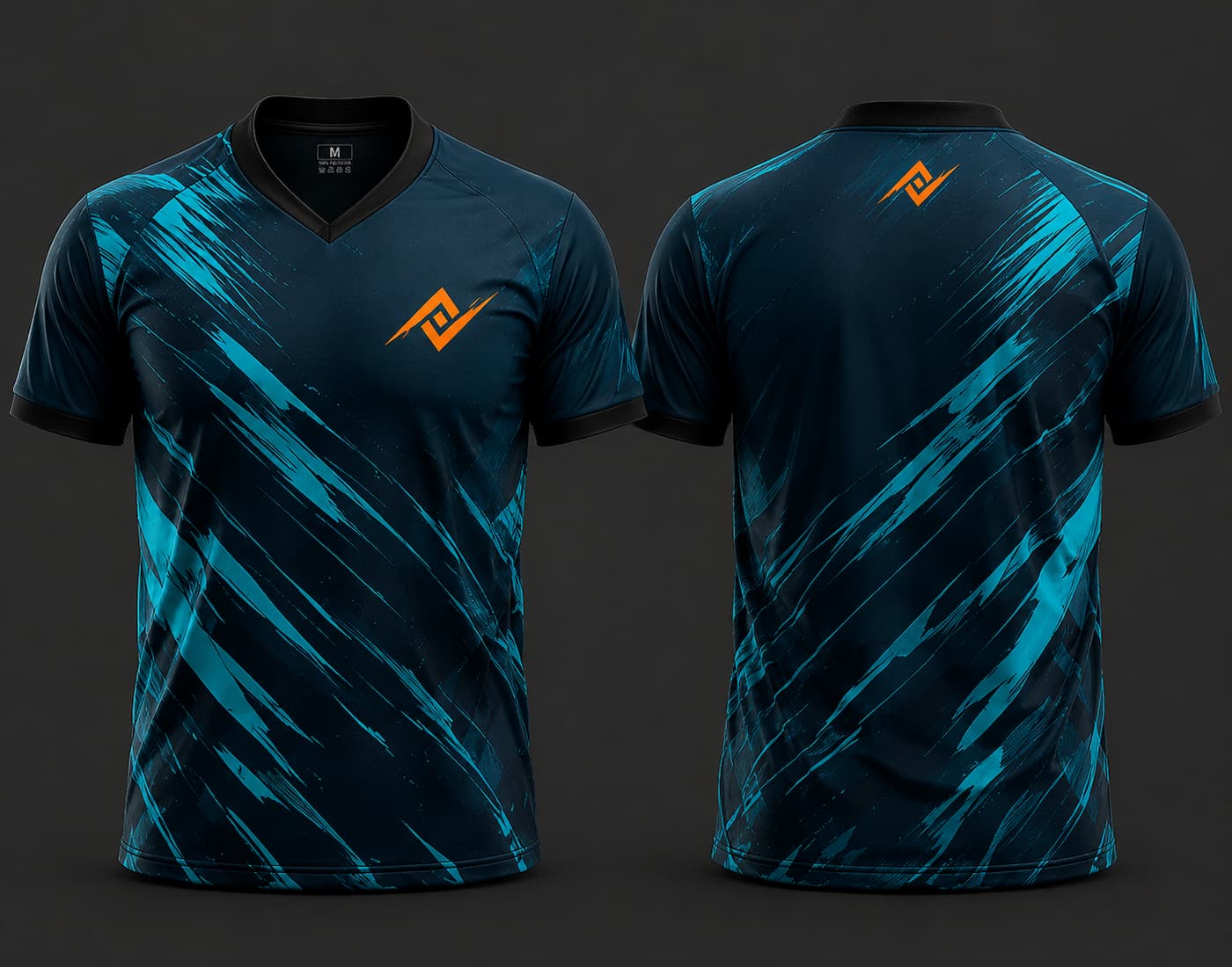Front and back view of a dark navy and cyan V-neck cricket jersey with dynamic brush-stroke graphics and an orange logo on the chest and below the back neckline.
