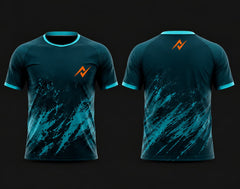 Front and back view of a dark teal round neck cricket jersey featuring aqua splash graphics and an orange chest logo, customizable for cricket teams.