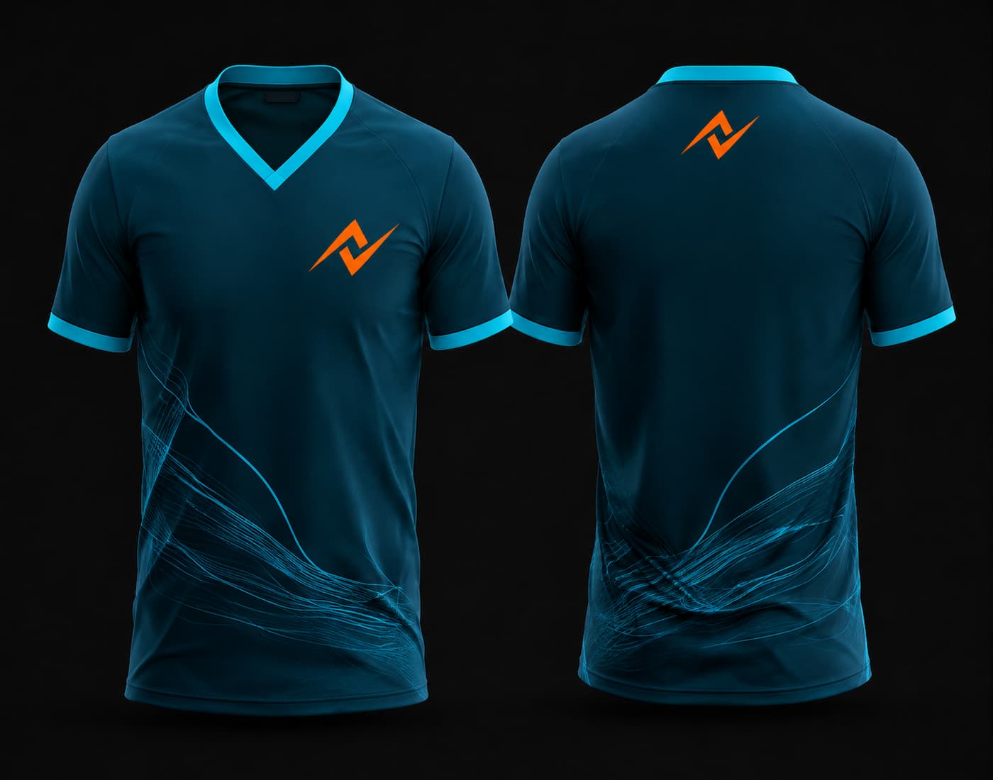 Front and back view of a dark teal and cyan custom V-neck cricket jersey featuring subtle wave graphics and a custom team logo.