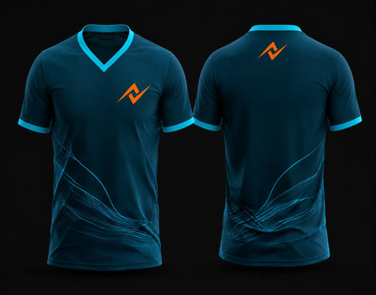 Front and back view of a dark teal and cyan custom V-neck cricket jersey featuring subtle wave graphics and a custom team logo.