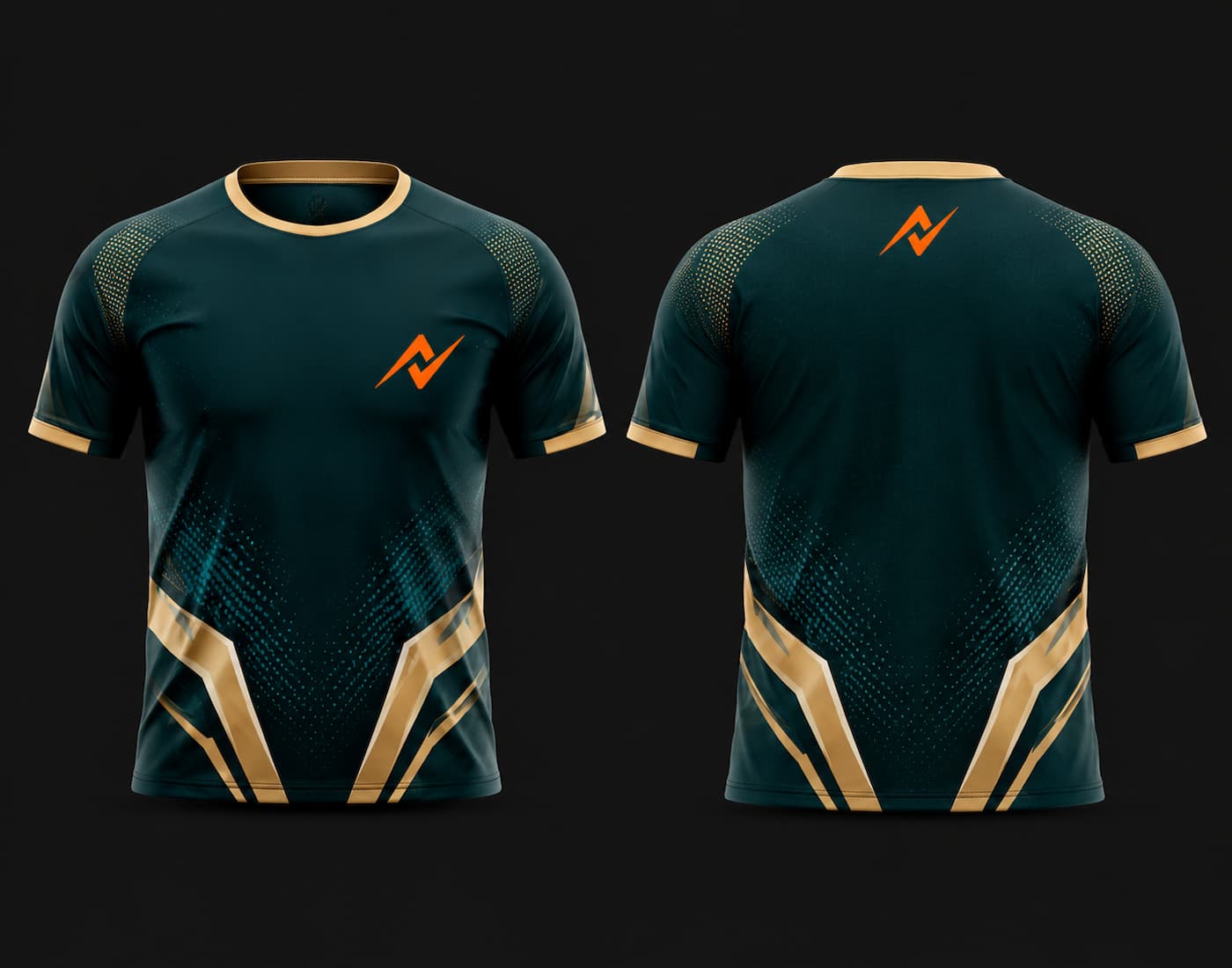 Front and back view of a dark teal and gold round neck cricket jersey with premium geometric accents and orange chest logo for custom cricket teams.