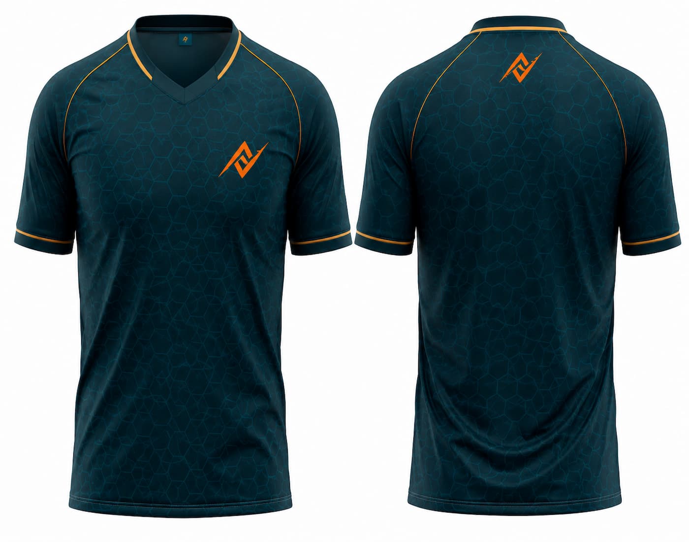 Front and back view of a dark teal V-neck cricket jersey featuring a subtle hexagon pattern with gold accents and custom logo placement on the chest and below the back neckline.