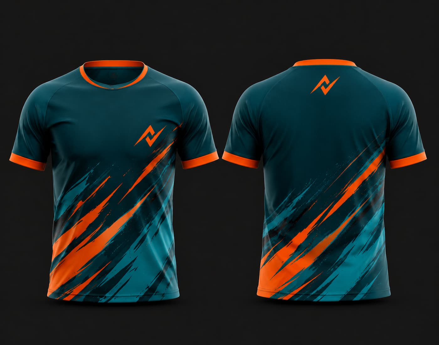 Front and back view of a dark teal and orange round neck cricket jersey featuring bold diagonal slash graphics with an orange chest logo, customizable for cricket teams.