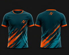 Front and back view of a dark teal and orange round neck cricket jersey featuring bold diagonal slash graphics with an orange chest logo, customizable for cricket teams.