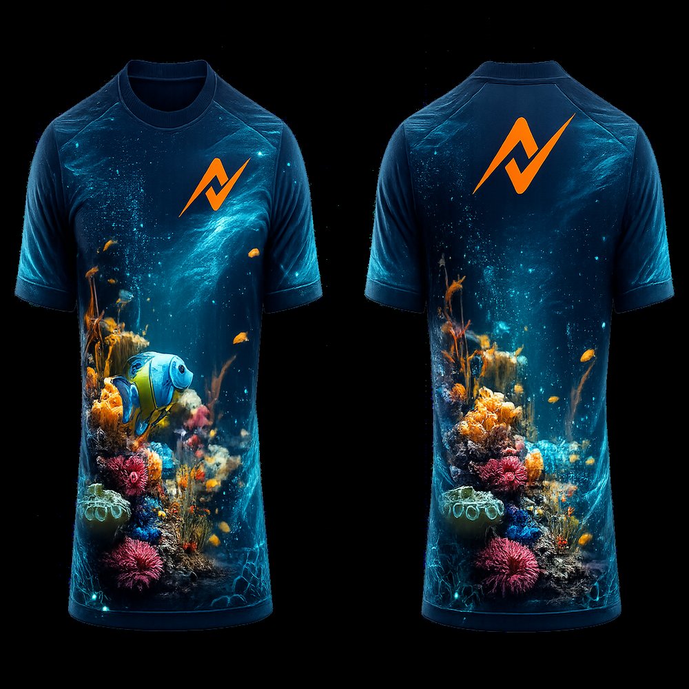 Deep Ocean Coral Fish Sublimation Round Neck Sports Jersey featuring colorful coral reefs and tropical fish with front and back views.