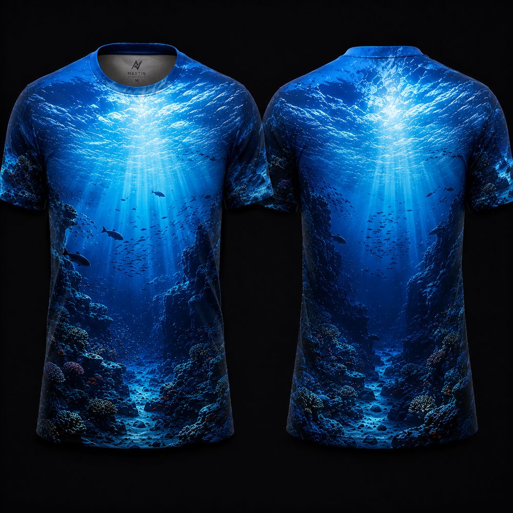 Deep Ocean Coral Reef Sublimation Round Neck Sports Jersey featuring underwater coral formations, schools of fish, radiant sun rays, and front and back views.