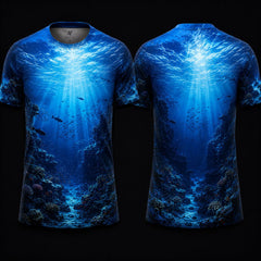 Deep Ocean Coral Reef Sublimation Round Neck Sports Jersey featuring underwater coral formations, schools of fish, radiant sun rays, and front and back views.