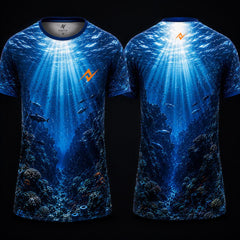 Deep Ocean Fish Reef Sublimation Round Neck Sports Jersey featuring underwater coral reefs, swimming fish, radiant sun rays, and front and back views.
