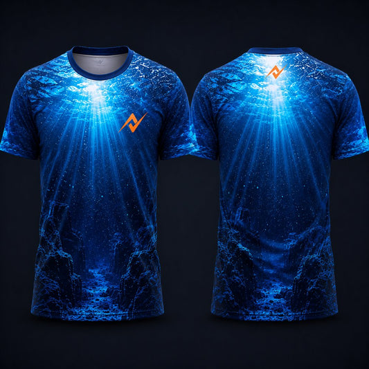 Deep Ocean Light Rays Sublimation Round Neck Sports Jersey featuring radiant blue underwater sunlight beams and marine rock formations with front and back views.