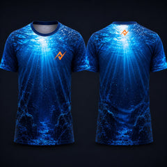Deep Ocean Light Rays Sublimation Round Neck Sports Jersey featuring radiant blue underwater sunlight beams and marine rock formations with front and back views.