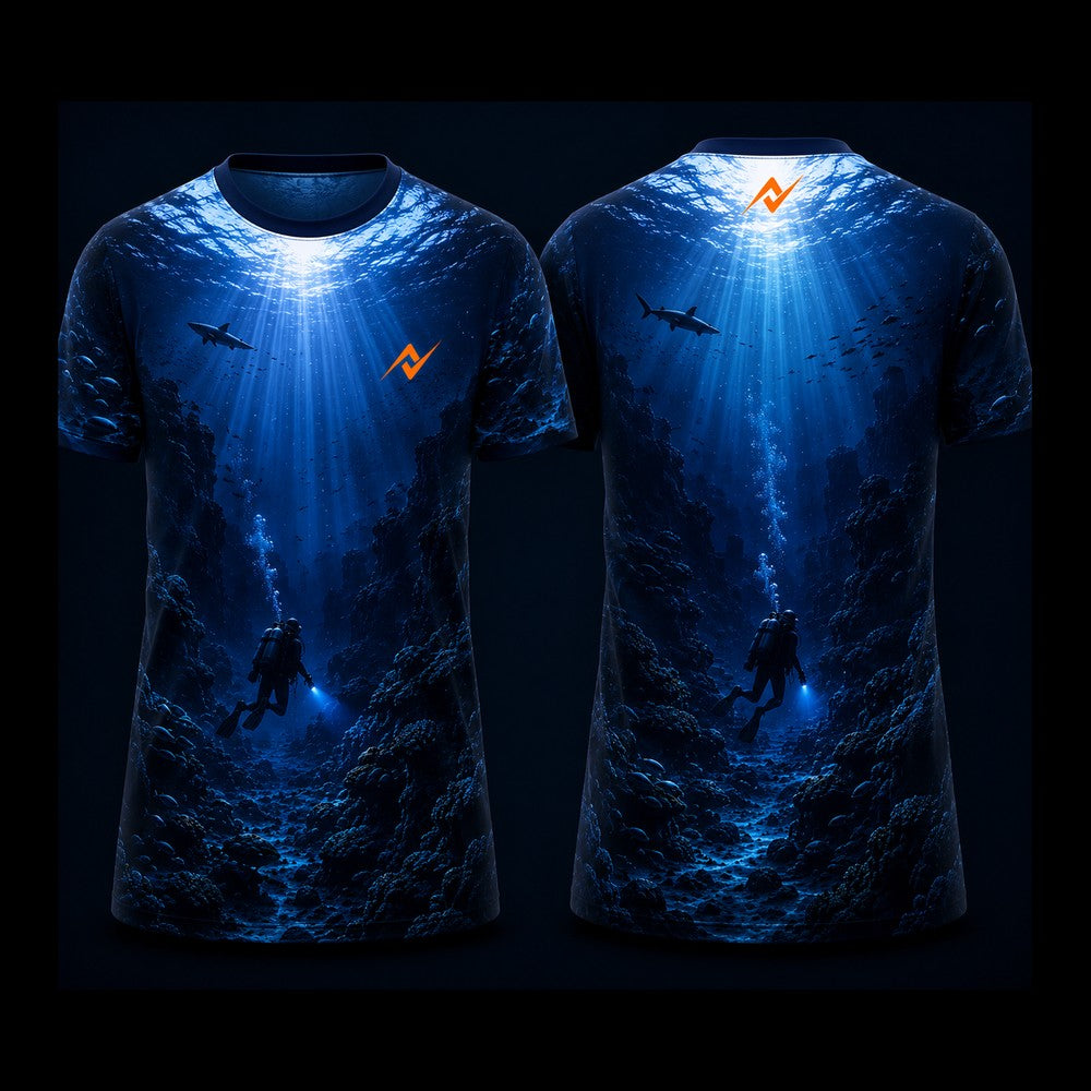 Deep Ocean Scuba Diver Shark Sublimation Round Neck Sports Jersey front and back view with underwater ocean artwork by Next Print.