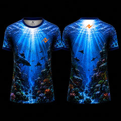 Deep Ocean Shark Coral Reef Round Neck Sublimation Sports Jersey Front and Back View by Next Print featuring underwater sharks, coral reef artwork and blue ocean design.