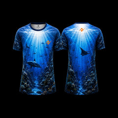 Deep Ocean Shark Reef Performance Sports Jersey front and back premium blue sublimation round neck jersey by Next Print