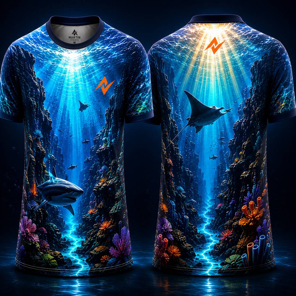 Deep Ocean Shark Reef Sublimation Round Neck Sports Jersey featuring underwater canyon, sharks, coral reefs, and blue marine artwork with front and back views.