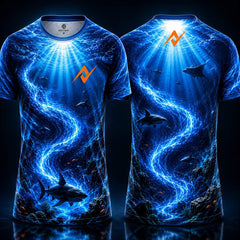 Deep Ocean Shark Sublimation Round Neck Sports Jersey in blue with underwater shark graphics, front and back view by Next Print.
