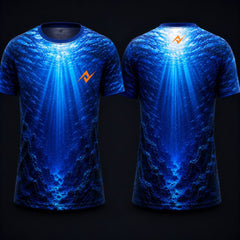 Deep Ocean Sun Rays Sublimation Round Neck Sports Jersey featuring radiant underwater light beams and deep blue marine scenery with front and back views.