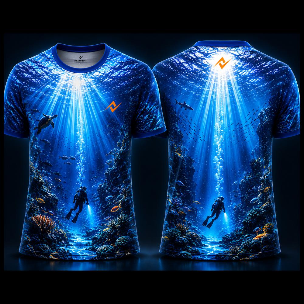 Deep Sea Diver Ocean Round Neck Sublimation Sports Jersey featuring underwater scuba diver, coral reef, sea turtle and marine life artwork, front and back view by Next Print.