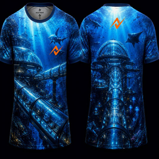 Deep Sea Observatory Sublimation Round Neck Sports Jersey featuring a futuristic underwater city, glass tunnels, sharks, and marine life with front and back views.