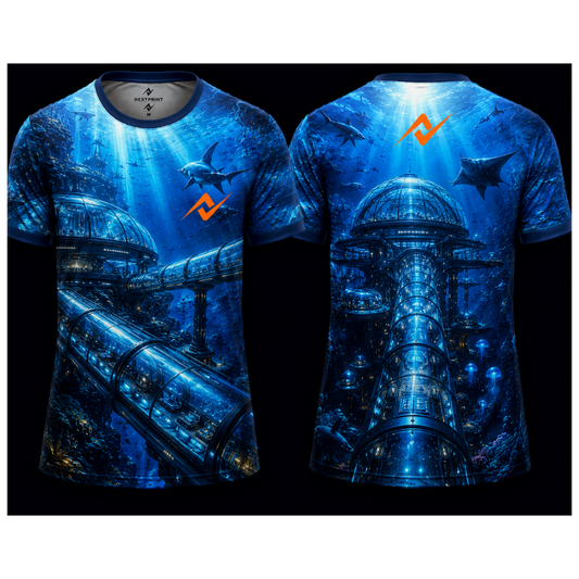 Deep Sea Observatory Sublimation Round Neck Sports Jersey featuring a futuristic underwater city, glass tunnels, sharks, and marine life with front and back views.