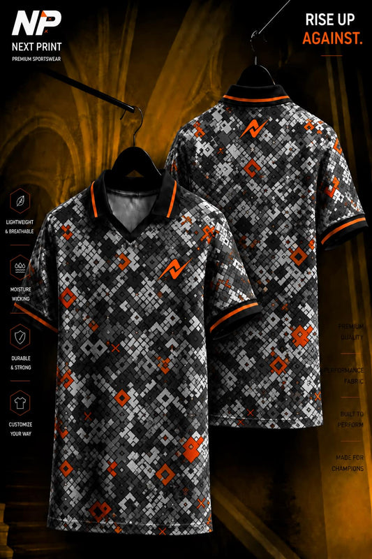 Front and back view of a grey digital camouflage polo sports jersey with orange accents on premium dry-fit performance fabric.