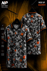 Front and back view of a grey digital camouflage polo sports jersey with orange accents on premium dry-fit performance fabric.