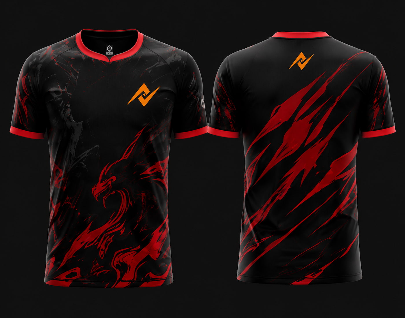Front and back view of Dragon Fury Free Fire esports jersey featuring black and red dragon graphics, round neck collar, and orange logo placement on chest and upper back neck.
