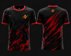 Front and back view of Dragon Fury Free Fire esports jersey featuring black and red dragon graphics, round neck collar, and orange logo placement on chest and upper back neck.