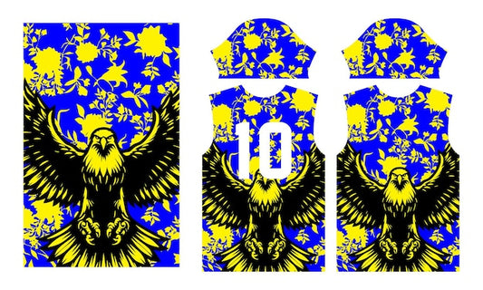 Next Print Eagle print on a blue and yellow floral jersey sportswear jersey.