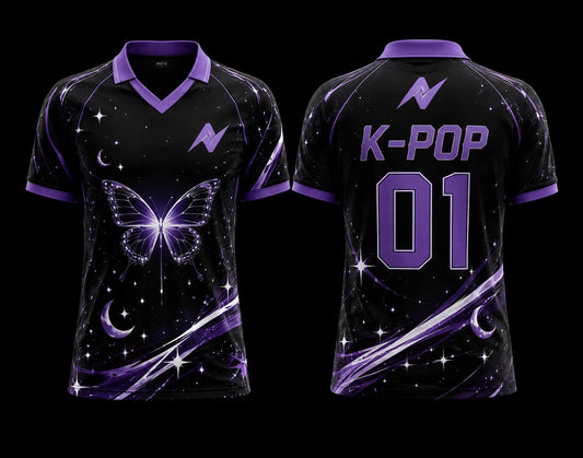 Front and back view of a black and purple V-neck polo K-pop jersey featuring a glowing butterfly, crescent moon, galaxy graphics, and premium sublimation printing.