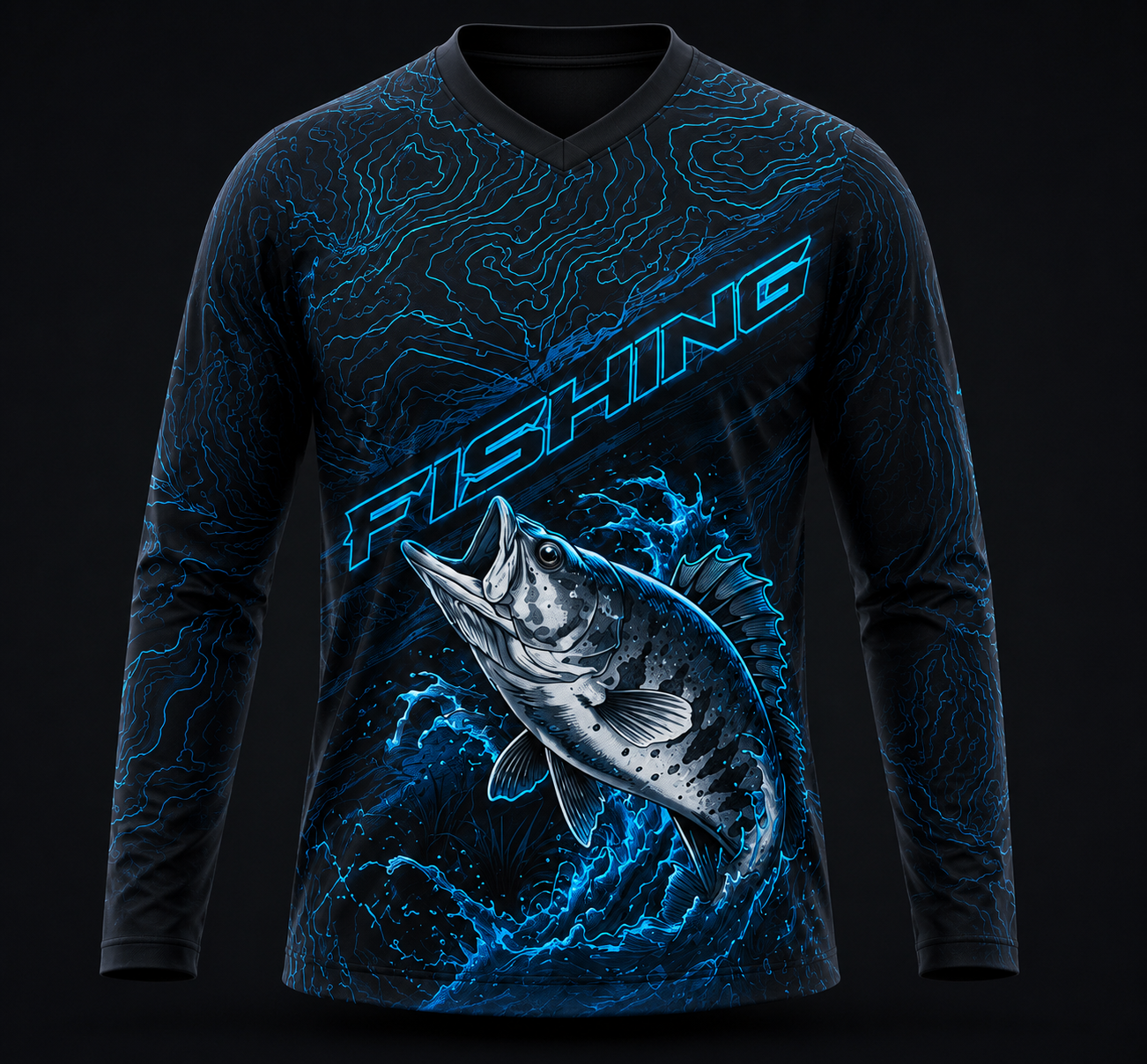 Electric blue bass fishing performance T-shirt with topographic contour design and jumping bass fish graphic for anglers