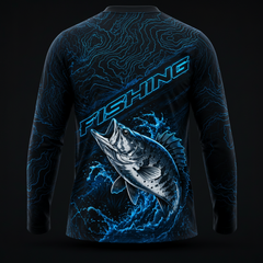 Electric Blue Bass Fishing Performance T-Shirt | Topographic Angler Long Sleeve Tee for Men